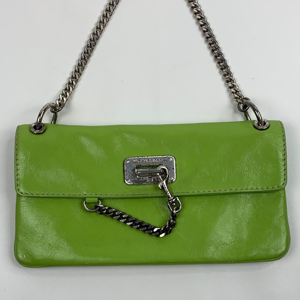 Vintage Michael Kors Lime Green Leather Shoulder Bag Clutch Chain Strap